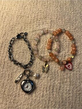 Heart Charm Watch Bracelet + Two Beaded Heart & Butterfly Bracelets